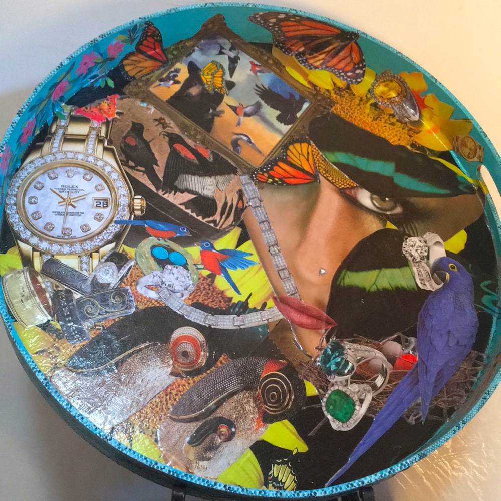 Hand Crafted Leather Tray Colorful Birds Butterflies Jewelry Decoupage Decor Art - Picture 2 of 10